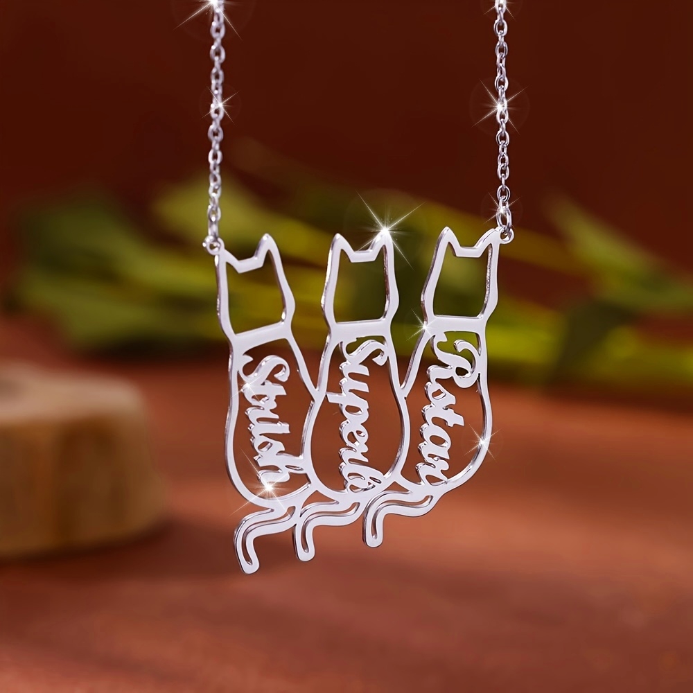 Custom Hollow Cat Silhouette Stainless Steel Necklace With English Names